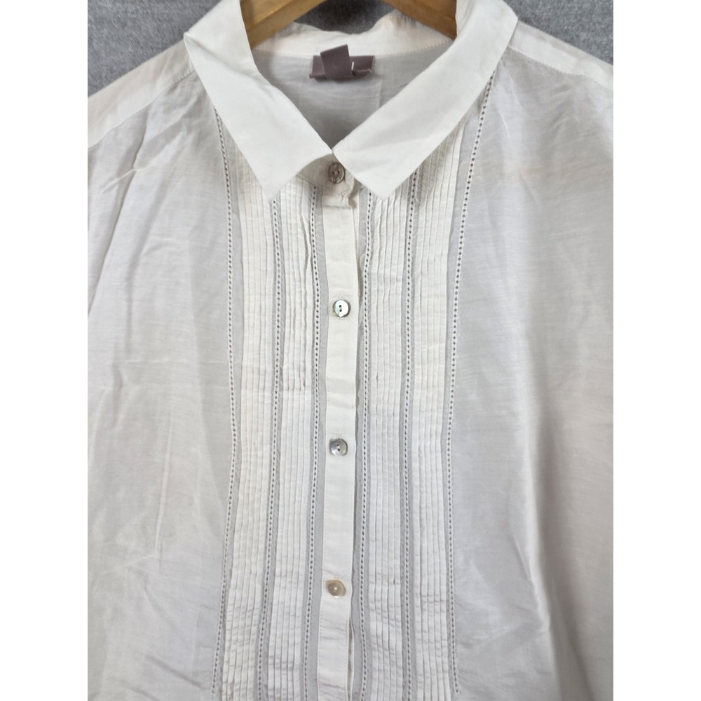 J Jill Blouse Silk Blend Bib Front‎ L White Button Up Tuxedo Shirt Preppy Career